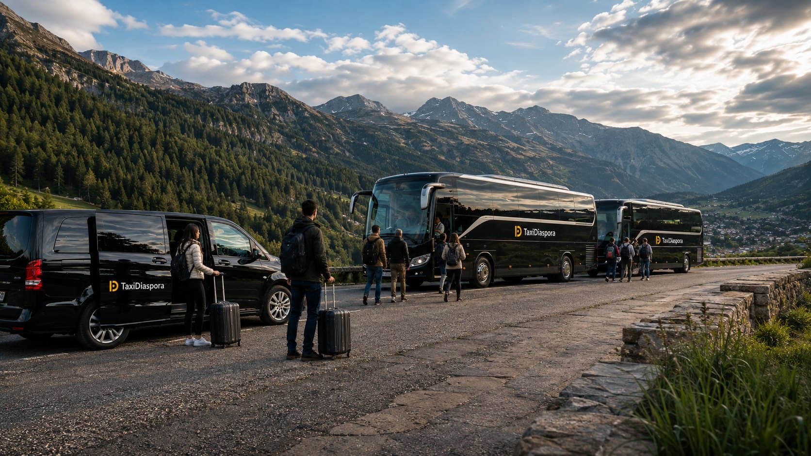 Microbuz si autocare TaxiDiaspora pe un drum de munte, cu pasageri si bagaje.